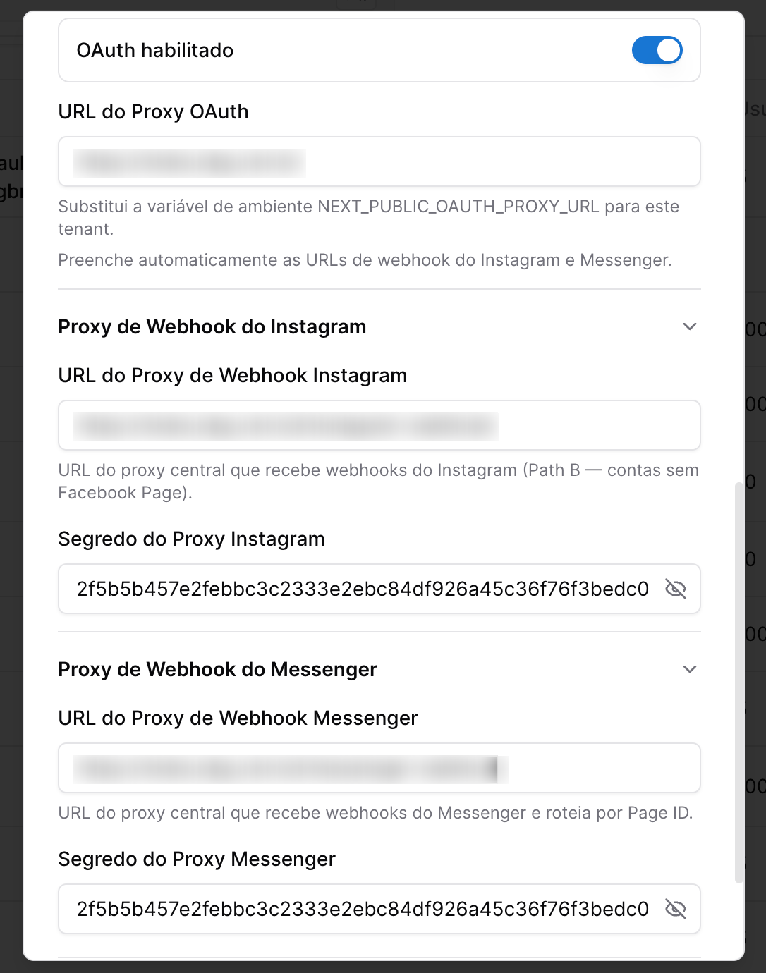 Zapifix - tela de configuração do Tenant - oauth instagram e facebook messenger
