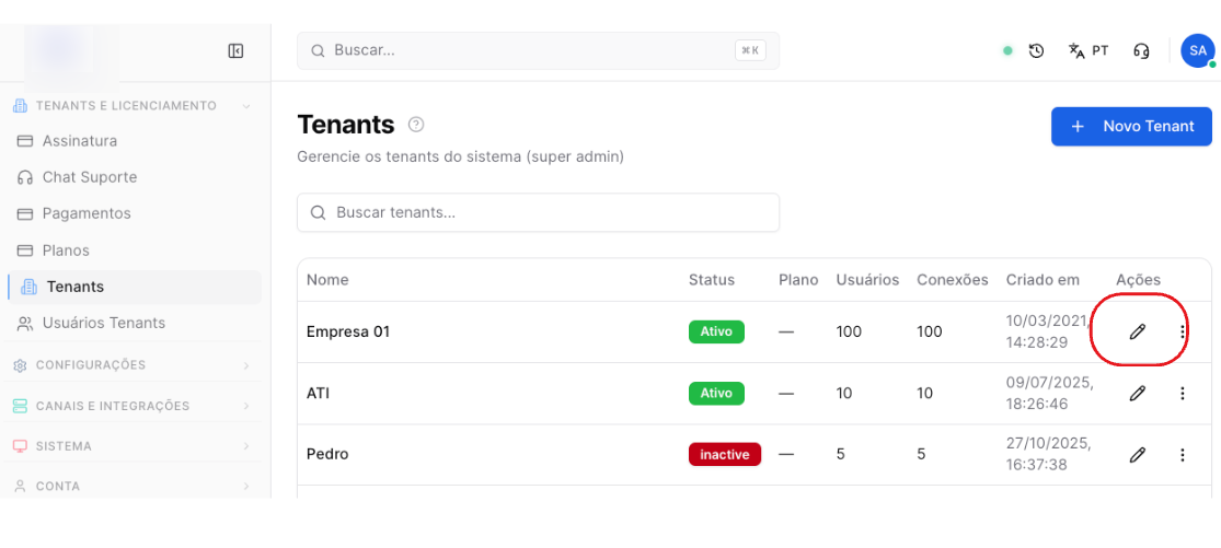 Zapifix - tela de gestão de Tenants - como editar tenant